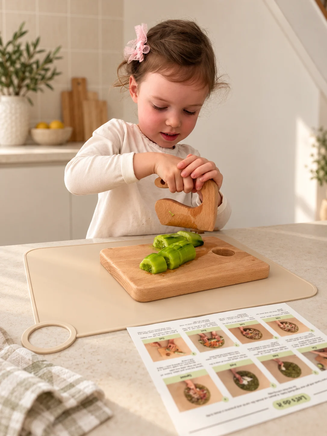 A young child chopping green capsicum with a wooden knife on a cutting board, with recipe cards on the counter