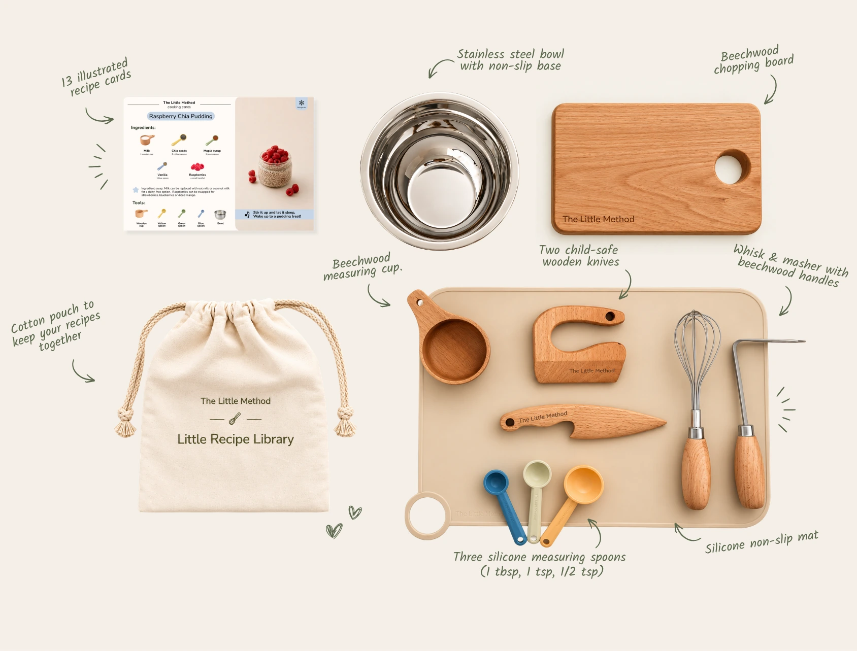 Flat lay of The Little Method kids cooking set with handwritten labels pointing to each item: recipe cards, cotton pouch, stainless steel bowl, beechwood measuring cup, chopping board, child-safe wooden knives, whisk and masher, silicone measuring spoons and non-slip mat